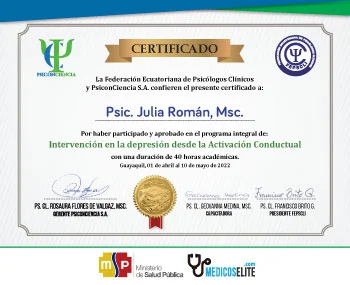 Certificados con Avales oficiales del Ministerio de Salud del Ecuador y la Federación Ecuatoriana de Psicólogos Clínicos