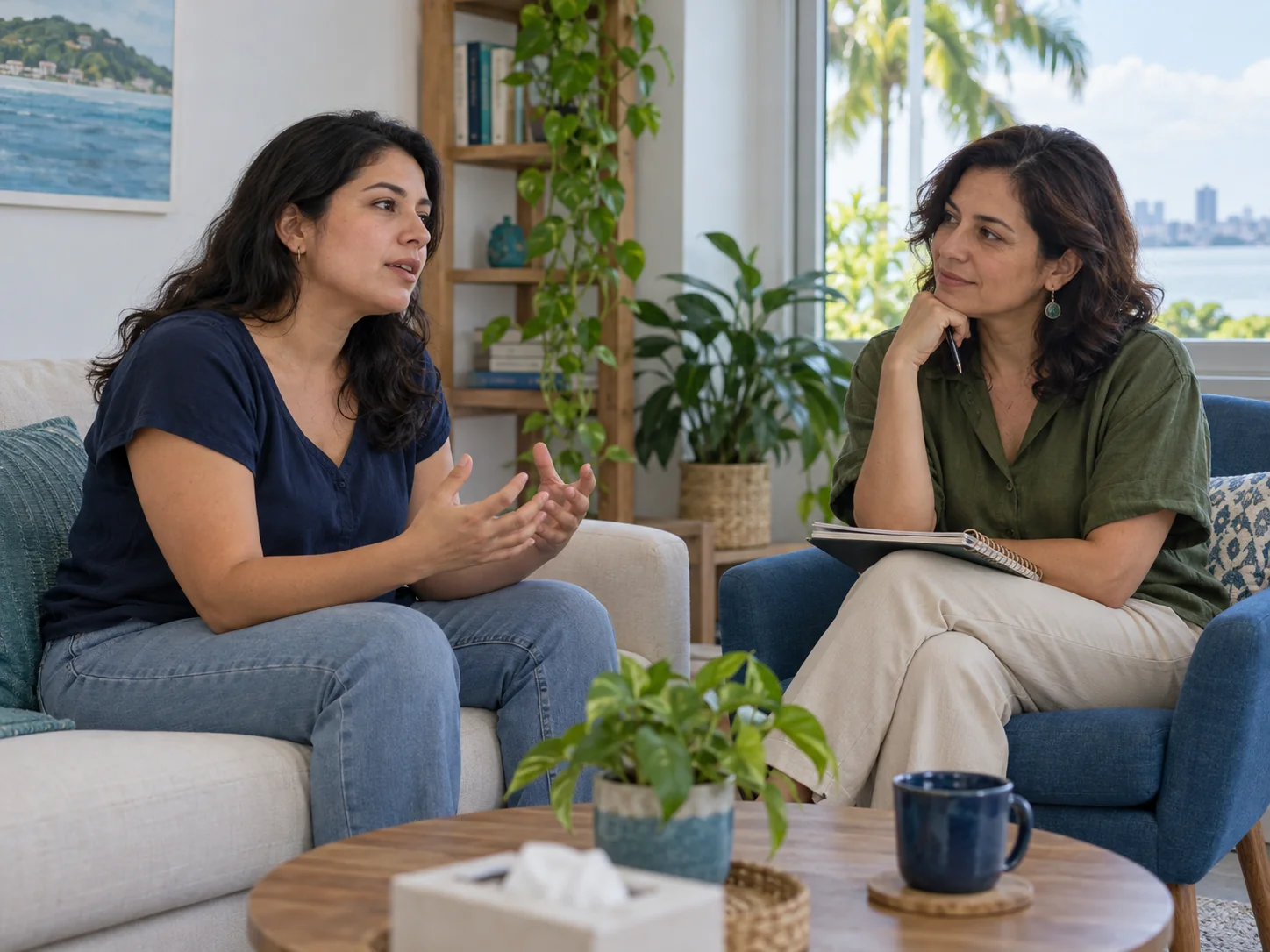 Dos mujeres ecuatorianas conversan en un espacio de orientación psicológica luminoso en Guayaquil
