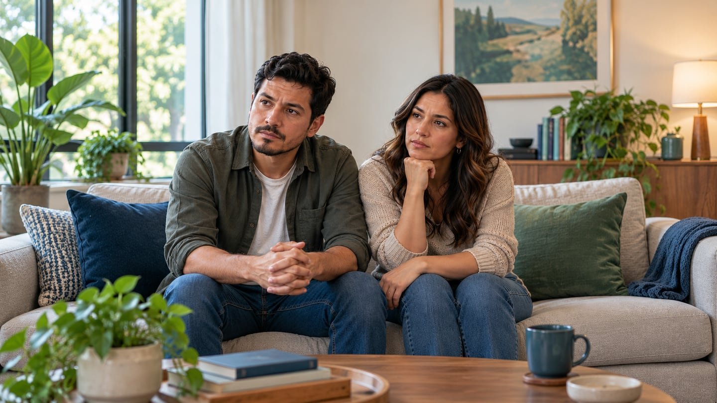 Pareja adulta en un diálogo cercano; una persona escucha mientras la otra habla