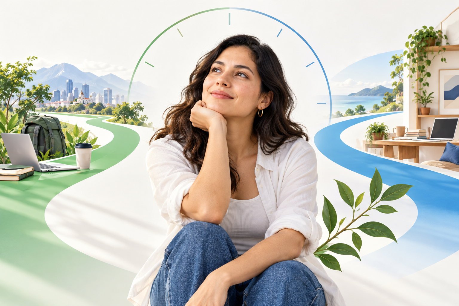 Mujer reflexiona sobre sus decisiones de vida entre caminos de autonomía personal, con los colores verde y azul de PsiconCiencia