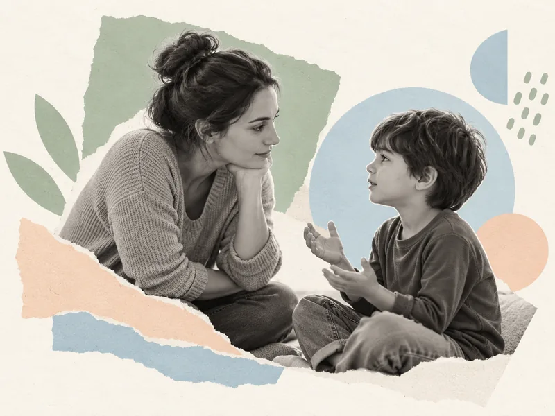 Una madre escucha a su hijo a la altura de sus ojos mientras él expresa una emoción 