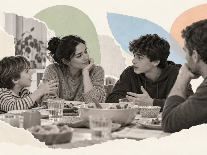 Una familia conversa durante la comida mientras madres y padres escuchan a sus hijos 