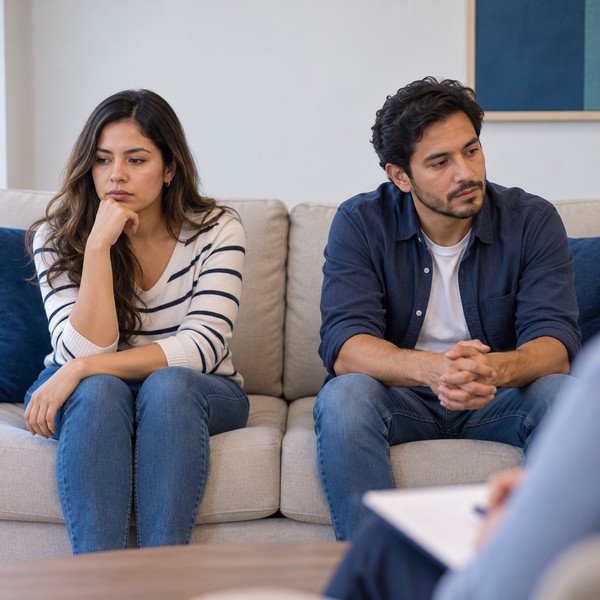 Pareja sentada durante una conversación difícil en un entorno de terapia