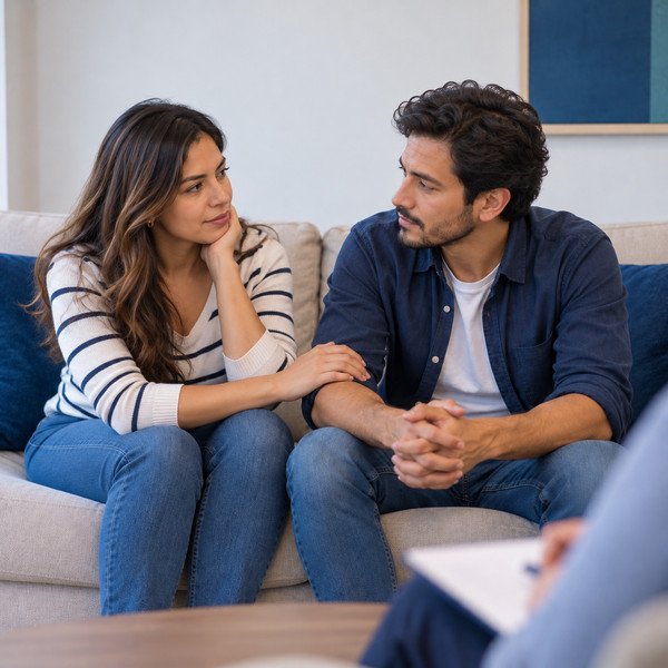 Pareja que conversa y se escucha durante un proceso de terapia